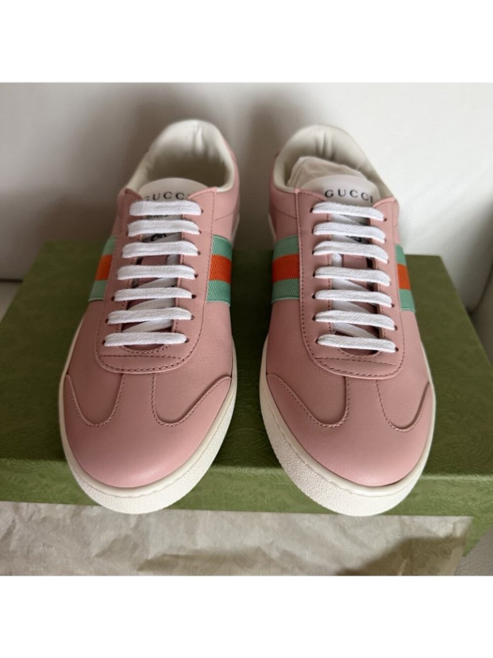 NEW Gucci Women's Sneakers Pink G74 Leather Web White size 38 8 US - Picture 6 of 10